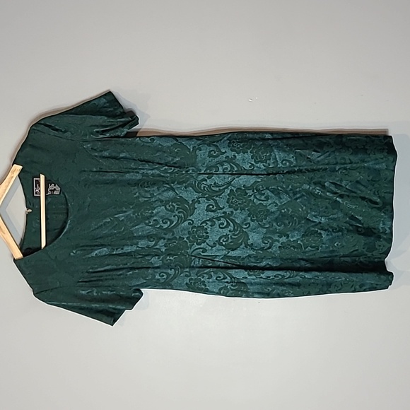 Vintage Dresses & Skirts - VINTAGE 1990s Emerald‎ Green Satin Floral Dress Jewel Tone Jaquard Size 10P